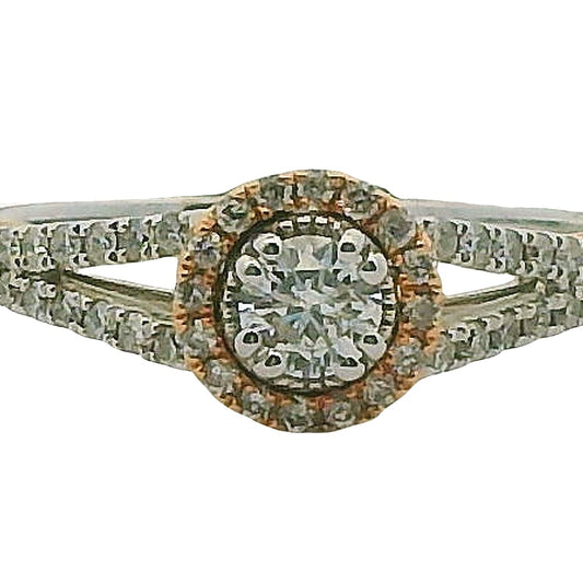 14K WG/RG .16CT CENTER WITH .18TW HALOS AND SIDE STONES