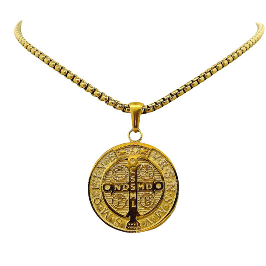GOLD ION PLATED STAINLESS STEEL ST. BENEDICT RD REVERSIBLE PENDANT WITH CHAIN