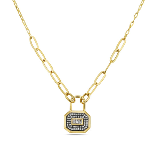 Paperclip Necklace With Lock Containing Br Diamonds And Baguette Diamonds