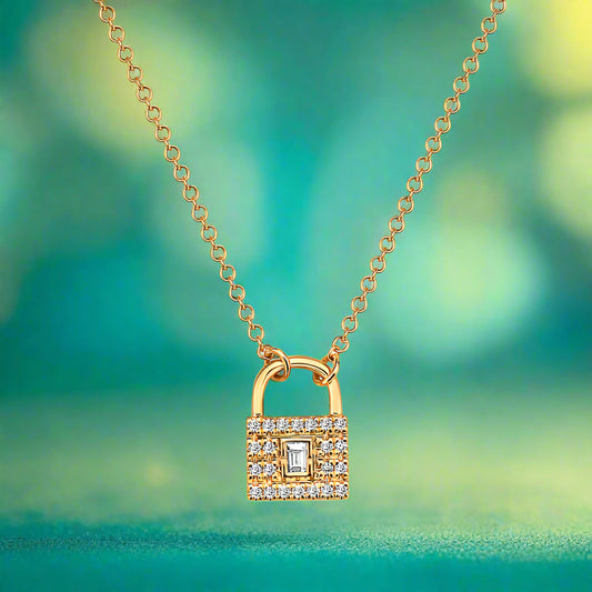 Diamonds & Baguette Diamond Lock Pendant With Chain