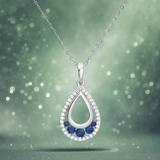 Diamonds With Blue Sapphire Tear Drop Pendant With Chain
