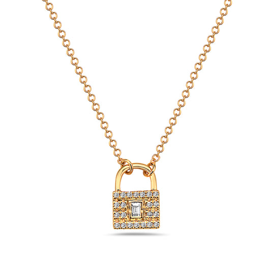 Diamonds & Baguette Diamond Lock Pendant With Chain
