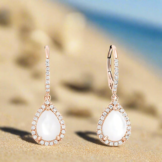 Tear Drop Mother of Pearl & Diamond Dangle Earrings