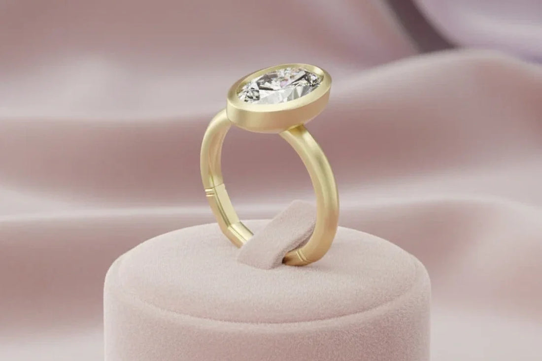 Oval diamond engagement ring with halo setting on a red velvet display