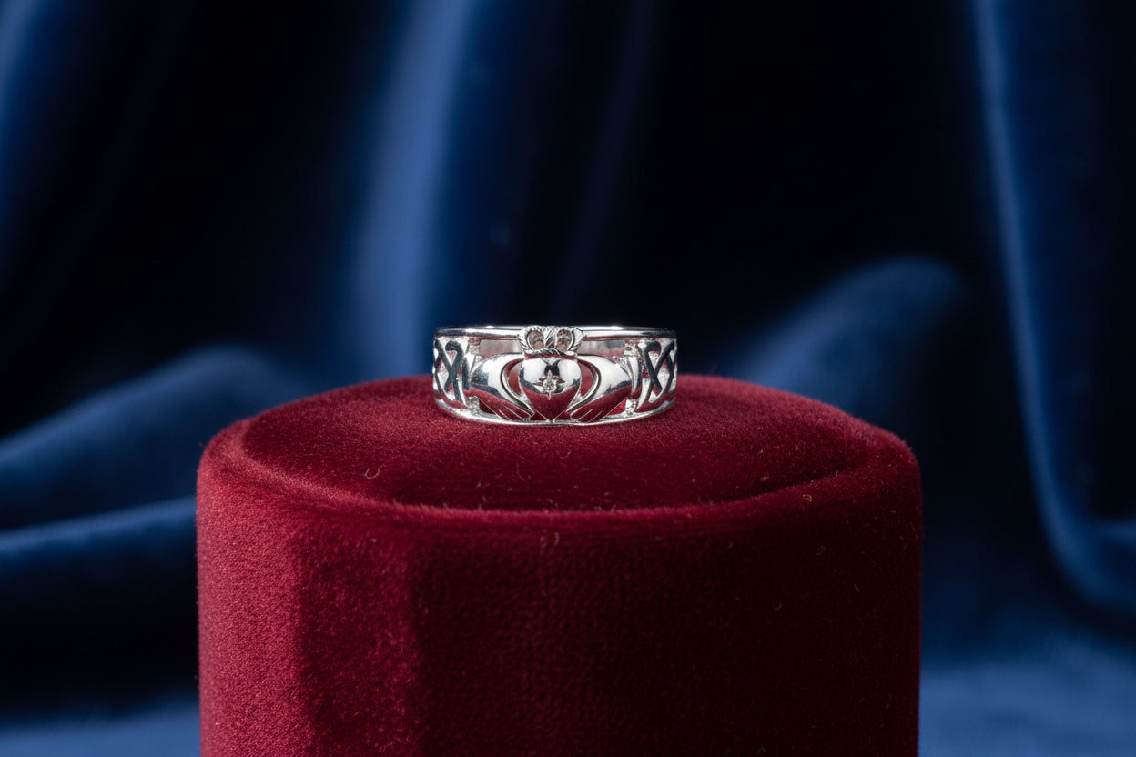 KEITH JACK SS CLADDAGH RING WITH 1MM DIAMOND SET HEART (TAPERED)SZ 7.5