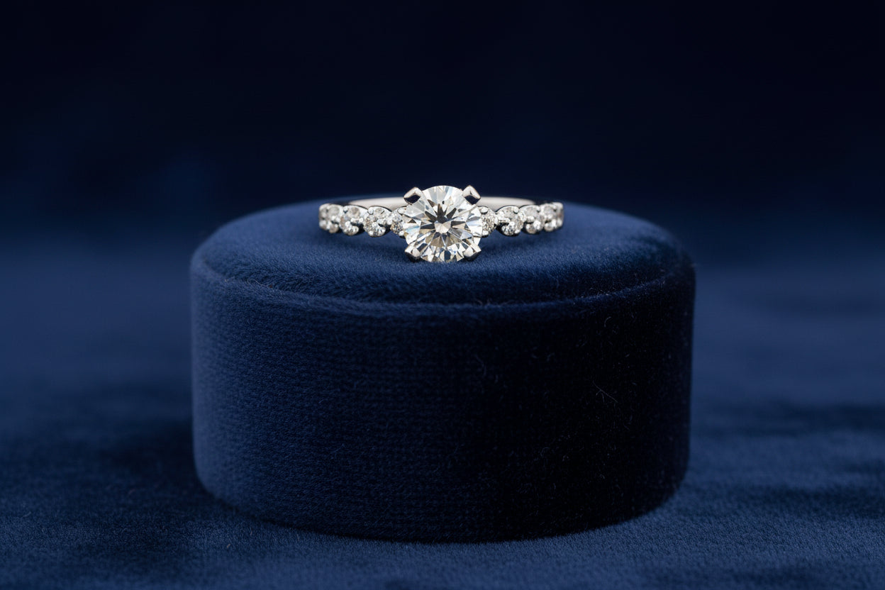 NOAM CARVER14K WG .70CT SI-HI RD DIAMOND CENTER WITH .14CTW SI-GH SIDE DIAMOND RING WARRANTY # 40...