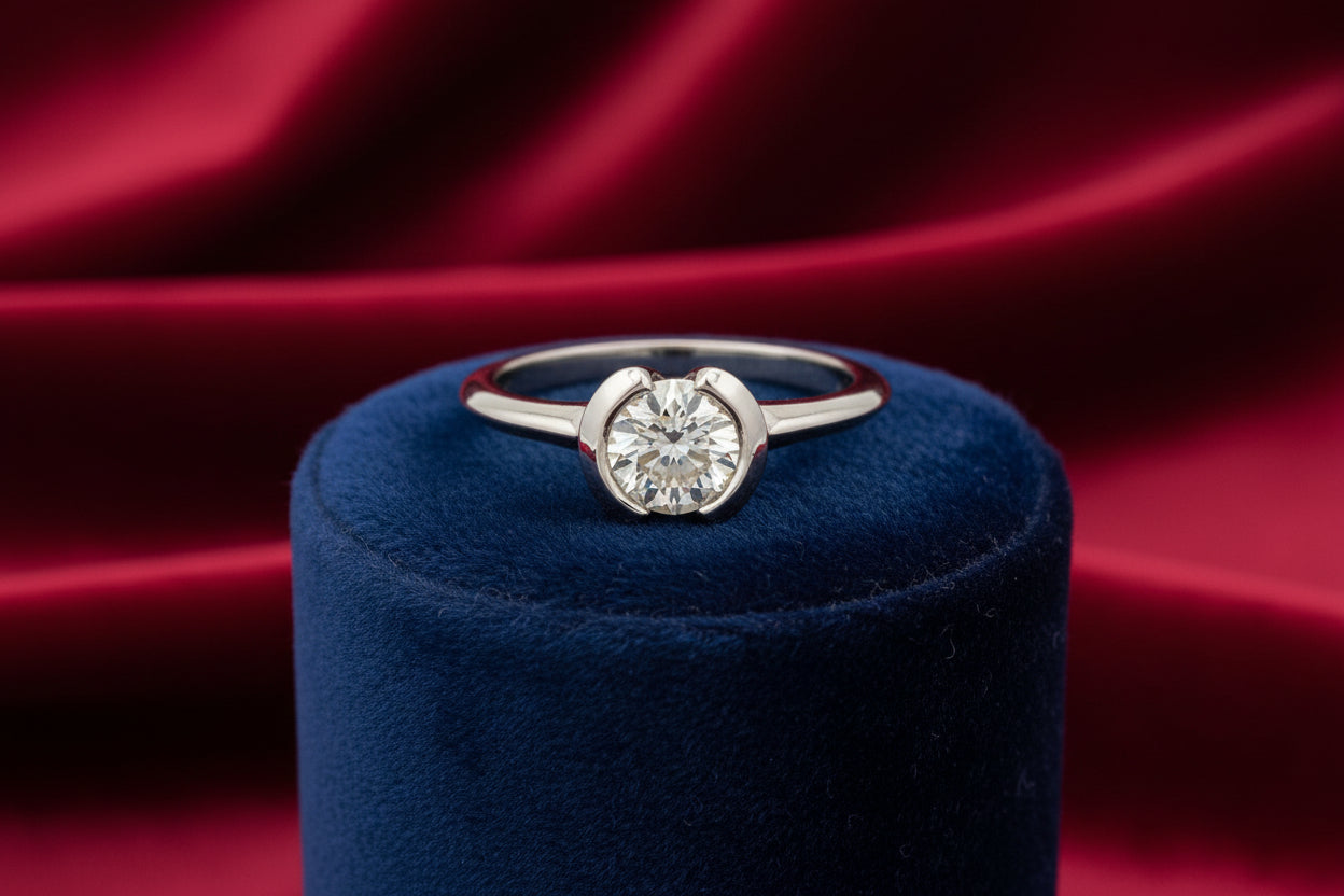 14K WHITE GOLD RING WITH 1.01CT SI2 GH ROUND DIAMOND WITH 2 CHIPS ON THE PAVILION