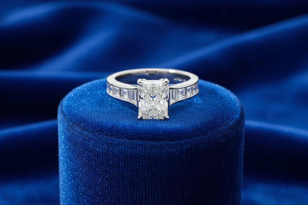 14K WG RING WITH A 1.82CT VVS2,F RADIANT CUT LAB GROWN DIAMOND (IGI CERT) ACCENTED WITH 2=0.26CTW...