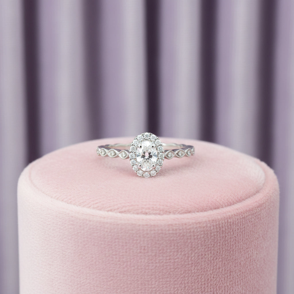14K WG 0.25ct VVS2,E-F Oval Lab Grown Diamond Ring accented with 0.12ctw Natural diamonds