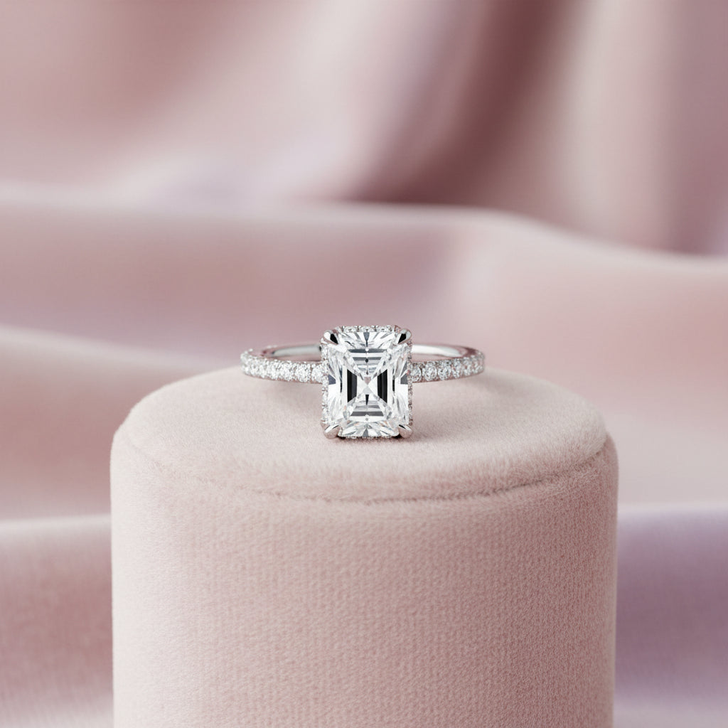 14K WG "Atelier" 0.42ctw Diamond Semi Mount with Hidden Halo (made for 3.03ct Emerald Cut Lab dia...