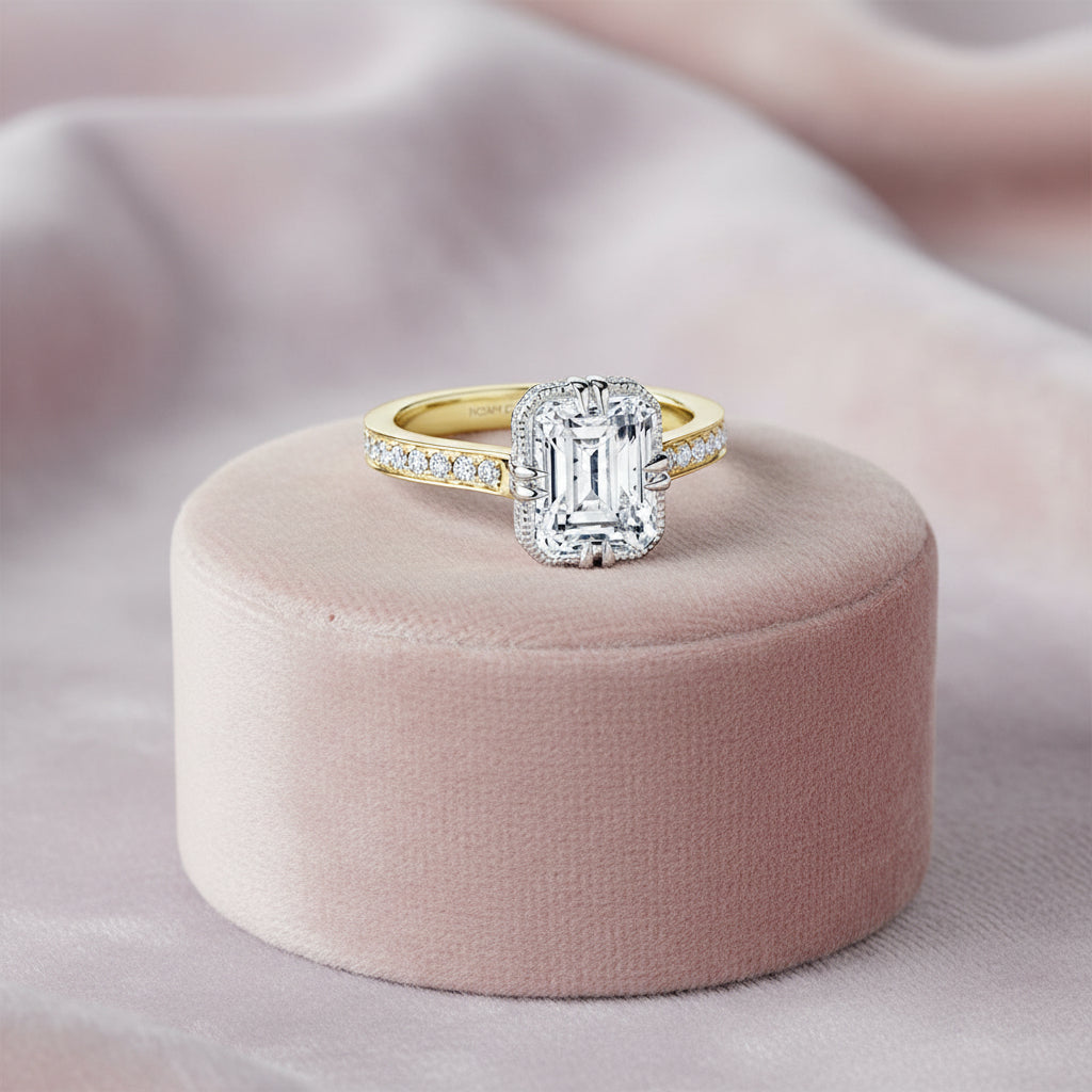 14K Yellow gold diamond mount with a emerald cut center stone in a white gold head