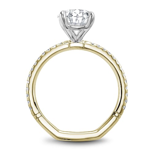 14K Yellow gold mount with an oval lab diamond center in a white head with lab diamond sides
