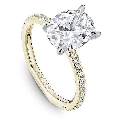 14K Yellow gold mount with an oval lab diamond center in a white head with lab diamond sides