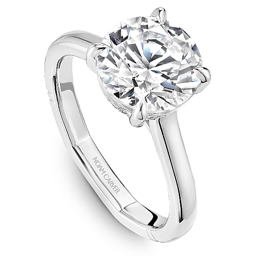 14K White gold engagement ring with a round lab diamond center lab diamond hidden halo