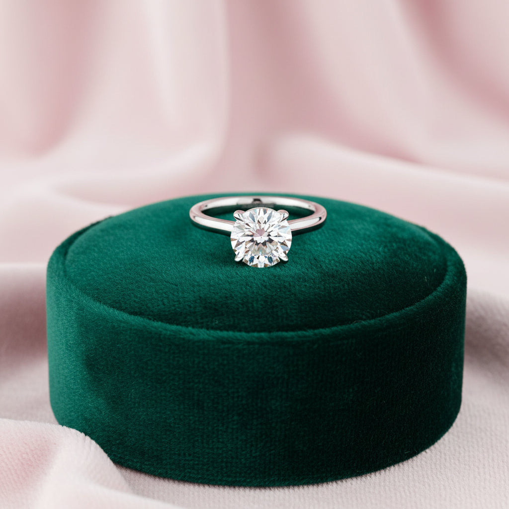 14K White gold engagement ring with a round lab diamond center lab diamond hidden halo