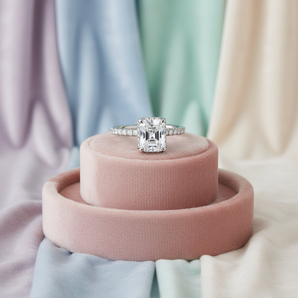 14K White gold engagement ring with a emerald cut lab diamond center, lab diamond hidden halo and sides