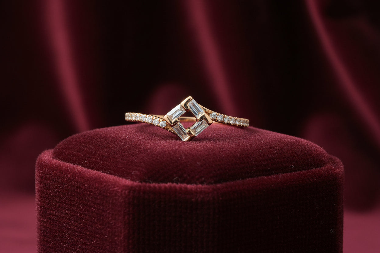 10K ROSE GOLD DIAMOND AND BAGUETTE RING. 0.27TW