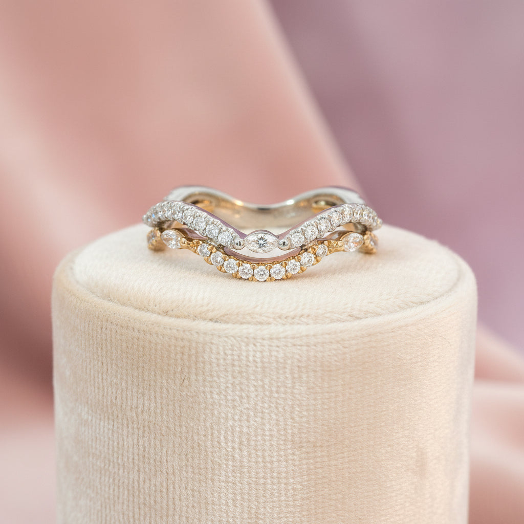 14K RG/WG .17TW MARQ AND .30TW DIAMOND DOUBLE BAND CONTOUR RING