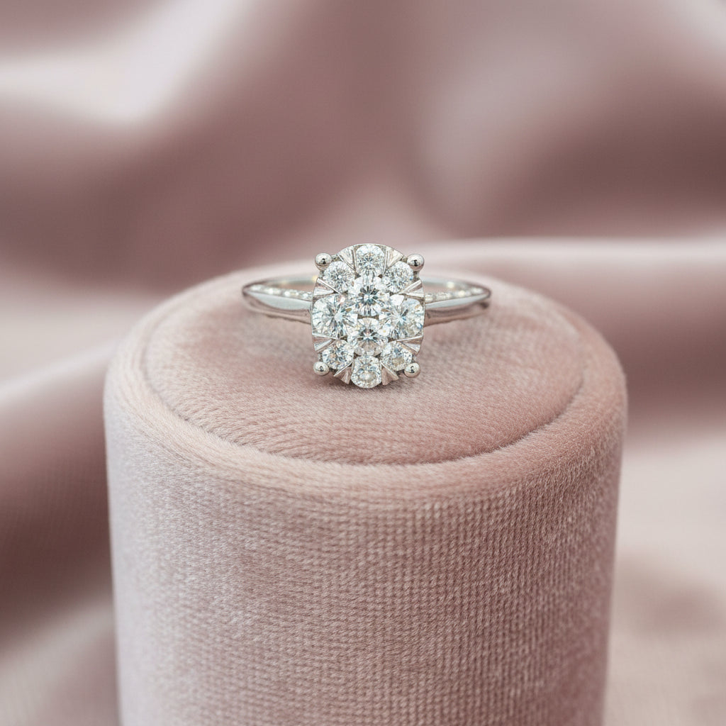 14K WG .75CTW DIAMOND OVAL ILLUSION RING WITH ACCENTS UNDER THE BRIDGE