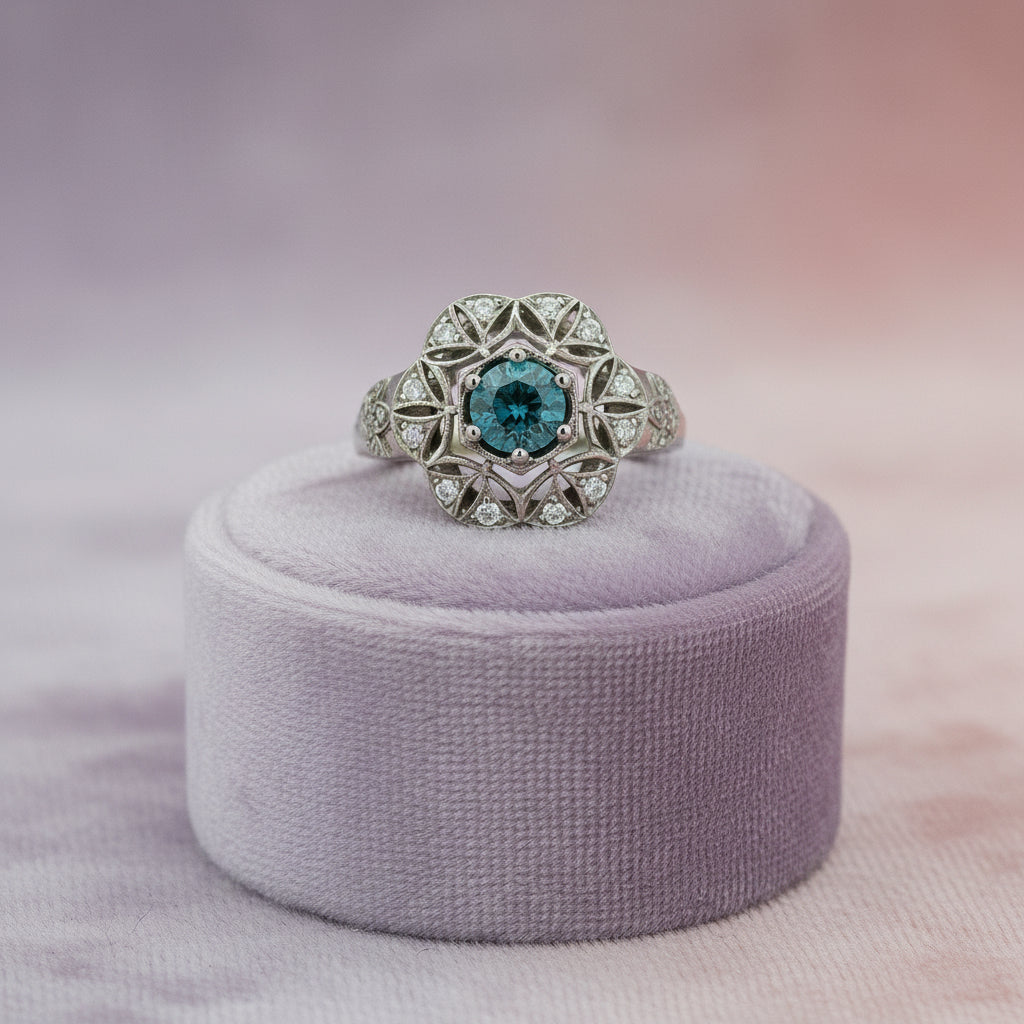 14K WHITE GOLD 0.53CT TREATED BLUE DIAMOND I1 7 0.20CT TW SMALL DIAMONDS VS2-SI1 FG FANCY RING SI...
