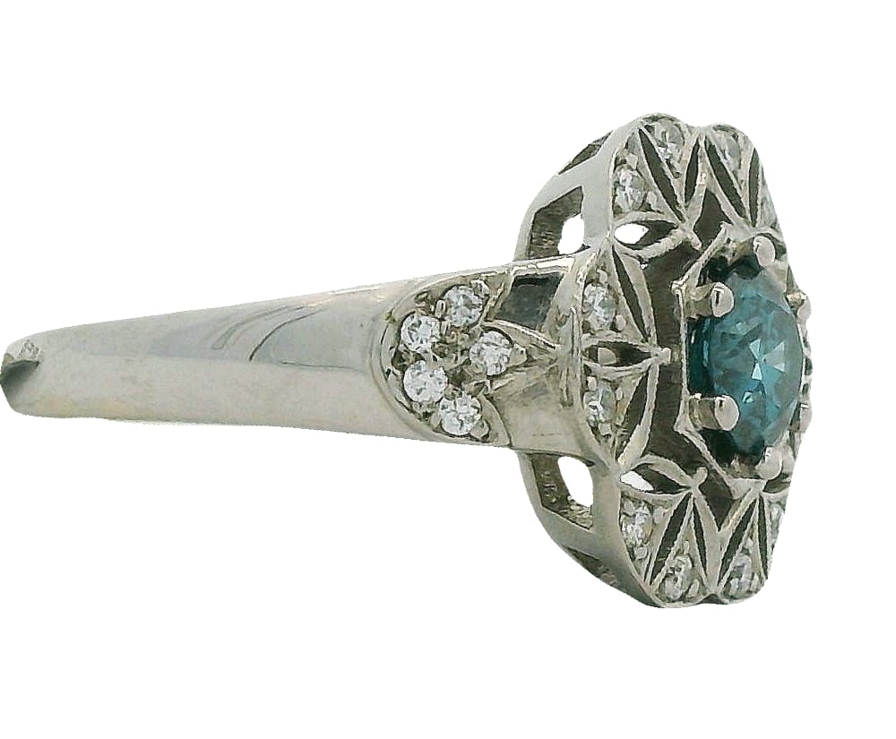14K WHITE GOLD 0.53CT TREATED BLUE DIAMOND I1 7 0.20CT TW SMALL DIAMONDS VS2-SI1 FG FANCY RING SI...