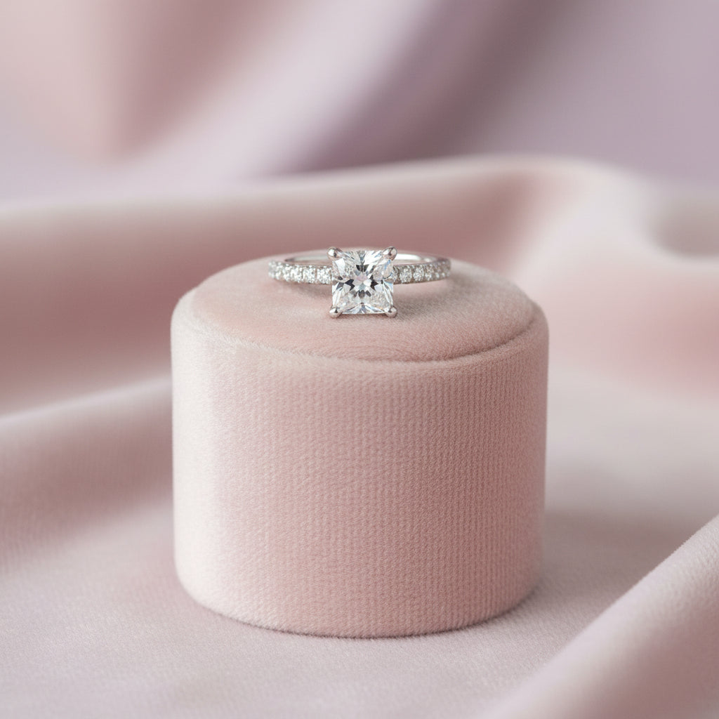 14K WG Noam Carver Ring with a 1.01ct SI3,I Cushion Cut Diamond & accented with 0.25ctw Diamonds ...