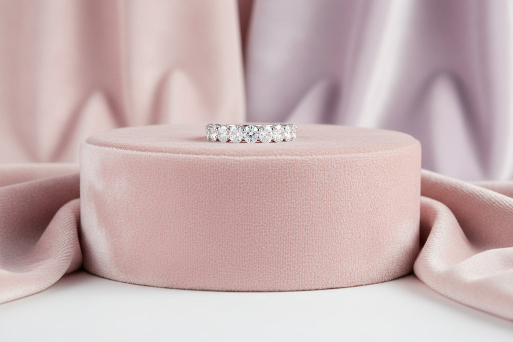 14K WG "NOAM CARVER GLOW" 15RD=2.25CTW VS1,E-F OVAL LAB GROWN DIAMOND THREE QUARTER ETERNITY BAND...