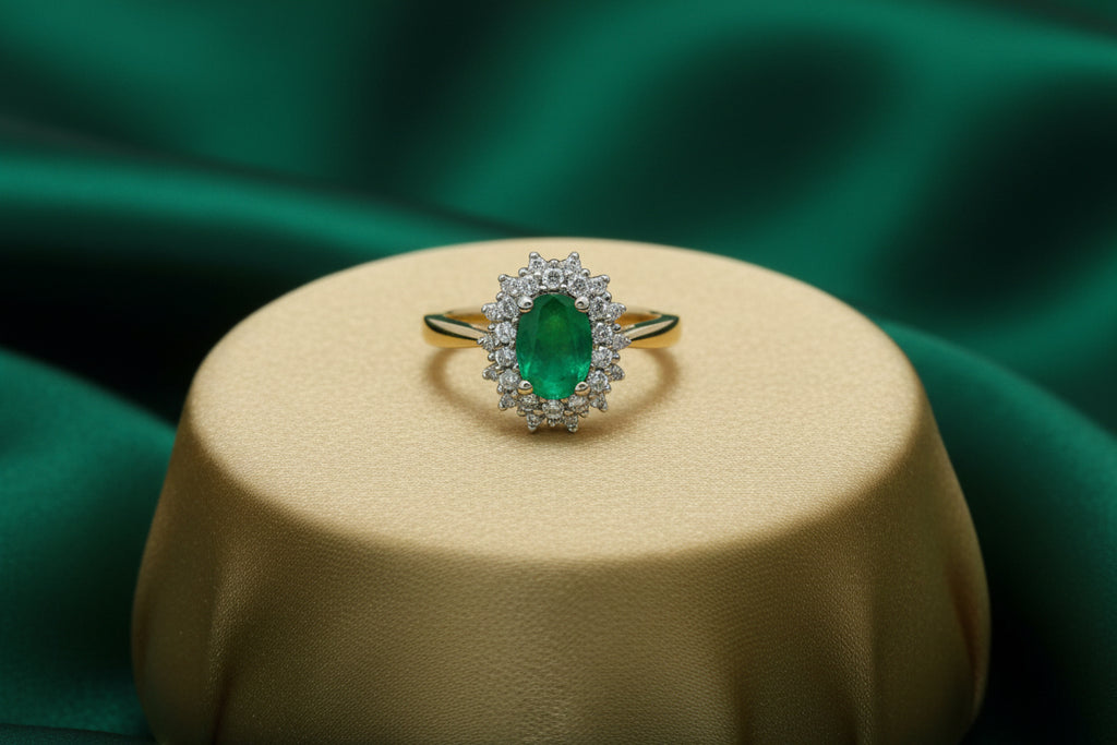 14K YG/WG 7X5MM OVAL EMERALD & .28TW DIAMOND RING