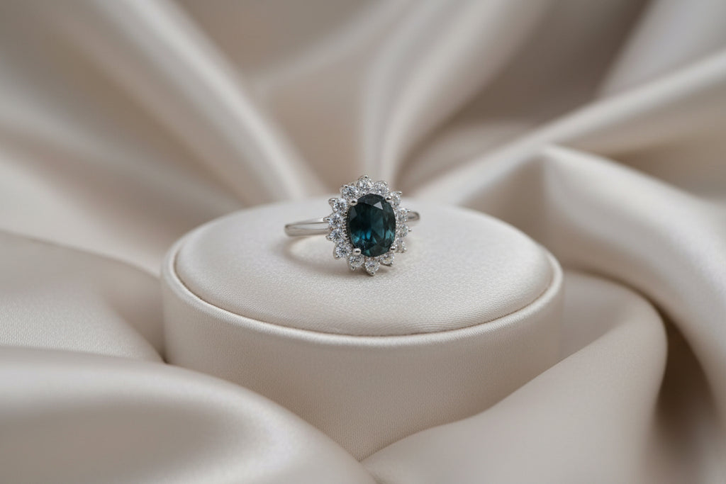 10K WG 8X6MM OVAL BLUE SAPPHIRE WITH WHITE SAPPHIRE HALO RING