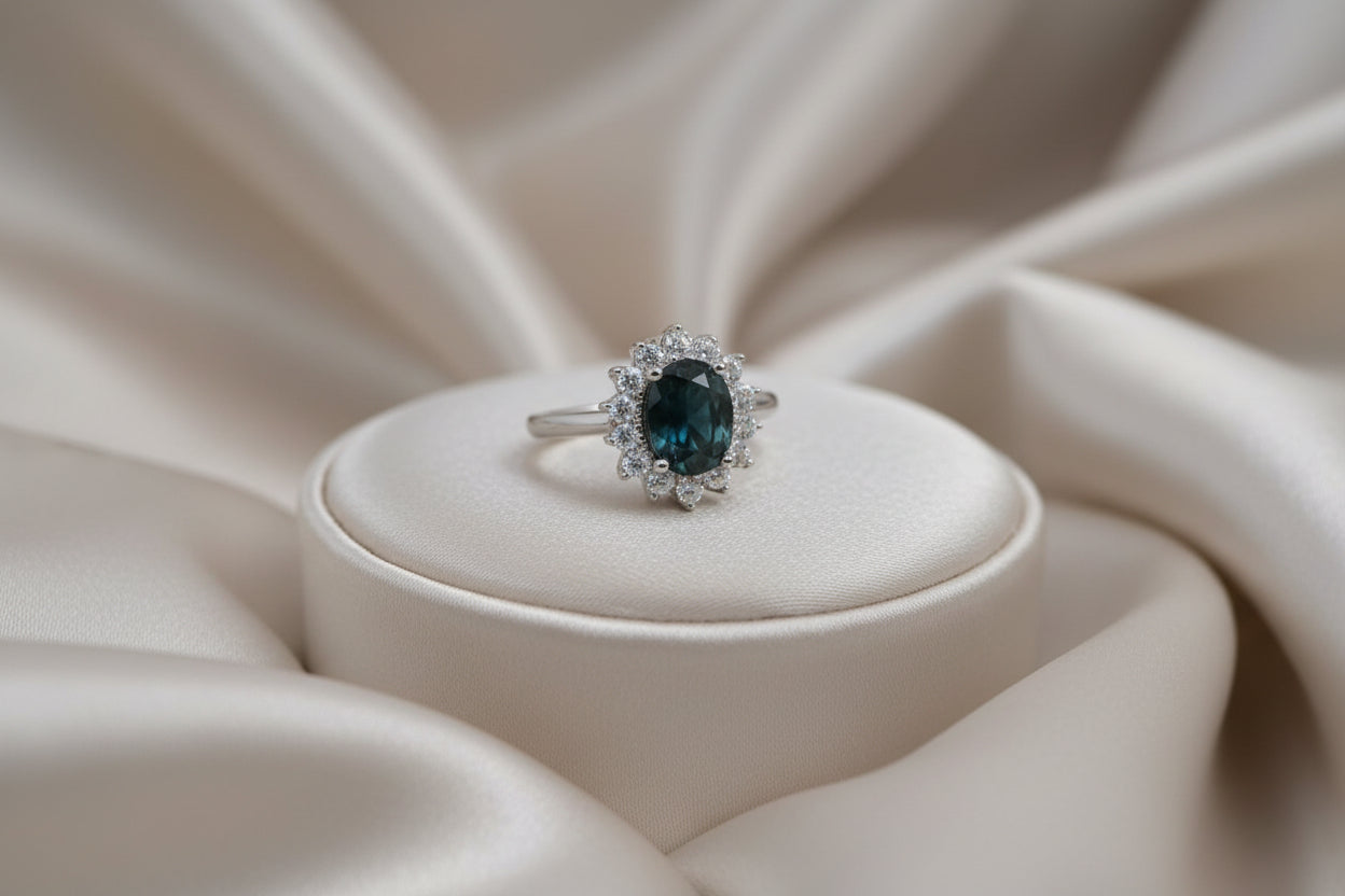 10K WG 8X6MM OVAL BLUE SAPPHIRE WITH WHITE SAPPHIRE HALO RING