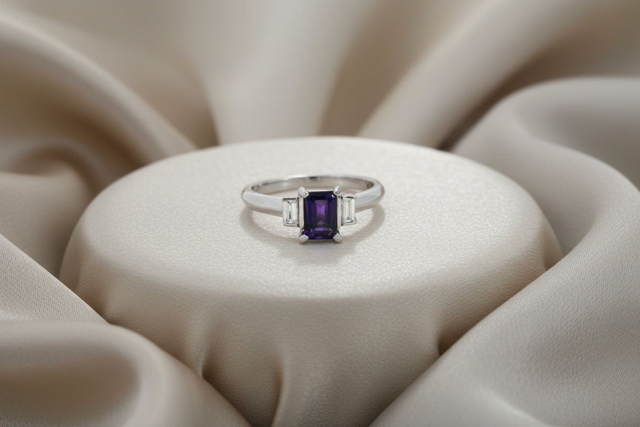 14K WG AMETHYST (6X4MM) .10CTW BAGUETTE DIAMOND RING