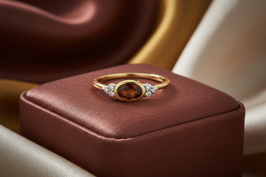 10K YG GARNET (6X4MM) WITH .08CTW DIAMOND RING