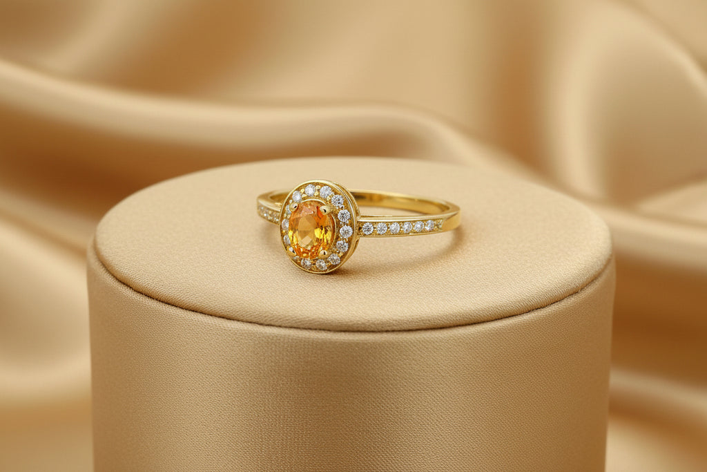 10K YG 5X4MM ORANGE SAPPHIRE WITH .13CTW DIAMOND RING