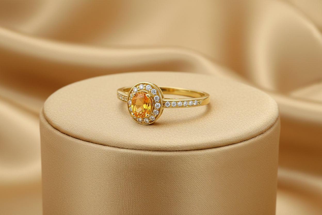 10K YG 5X4MM ORANGE SAPPHIRE WITH .13CTW DIAMOND RING
