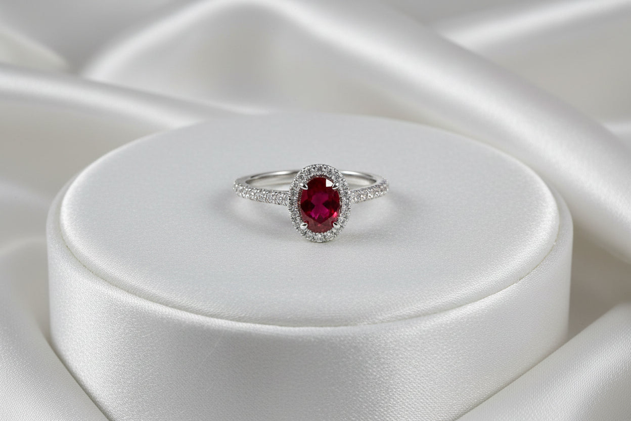 10K WG (6X4MM) OVAL RUBY ACCENTED WITH 0.26CTW DIAMONDS RING SIZE 6.5
