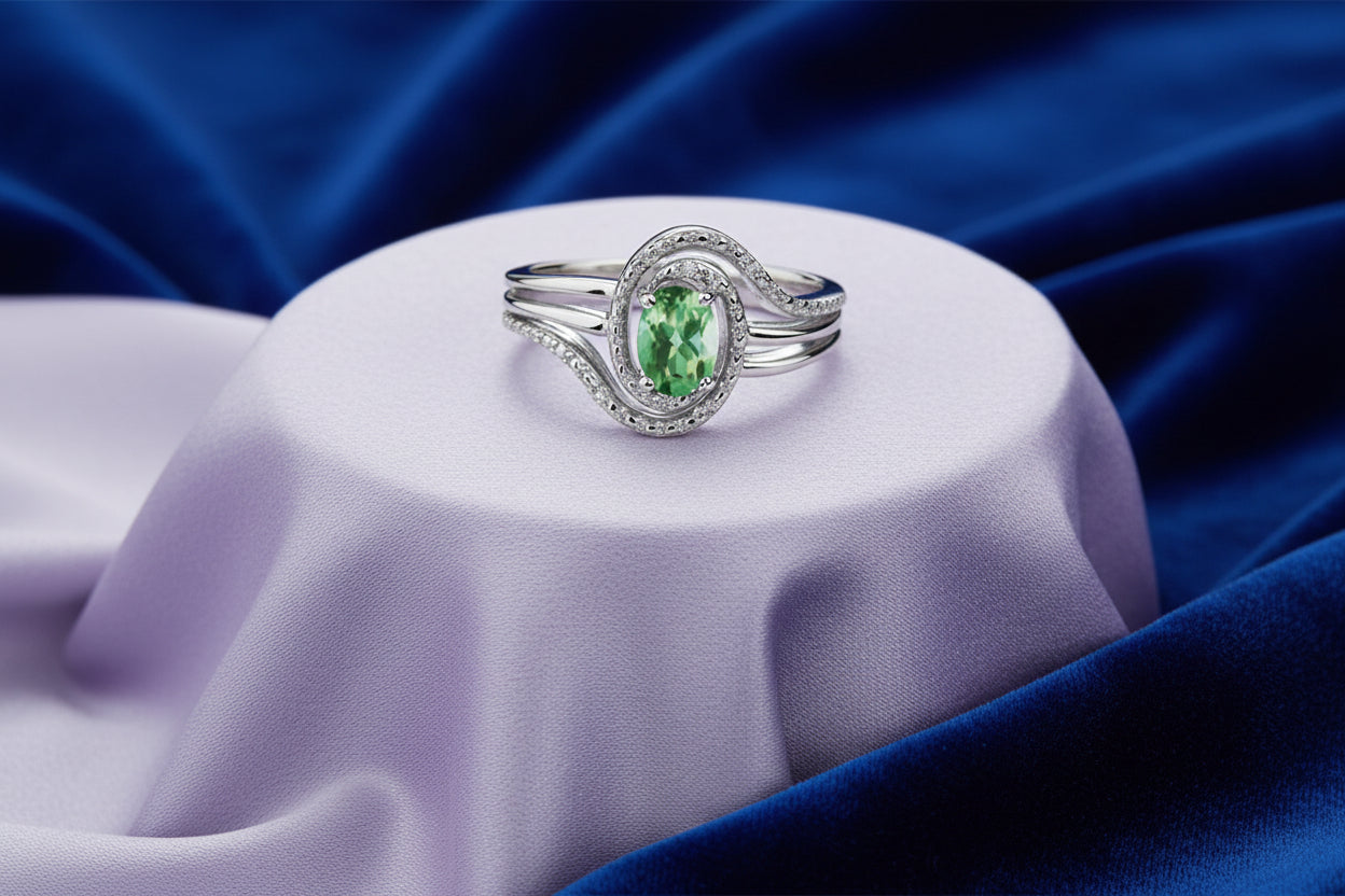 STERLING SILVER EMERALD & .03TW DIAMOND RING