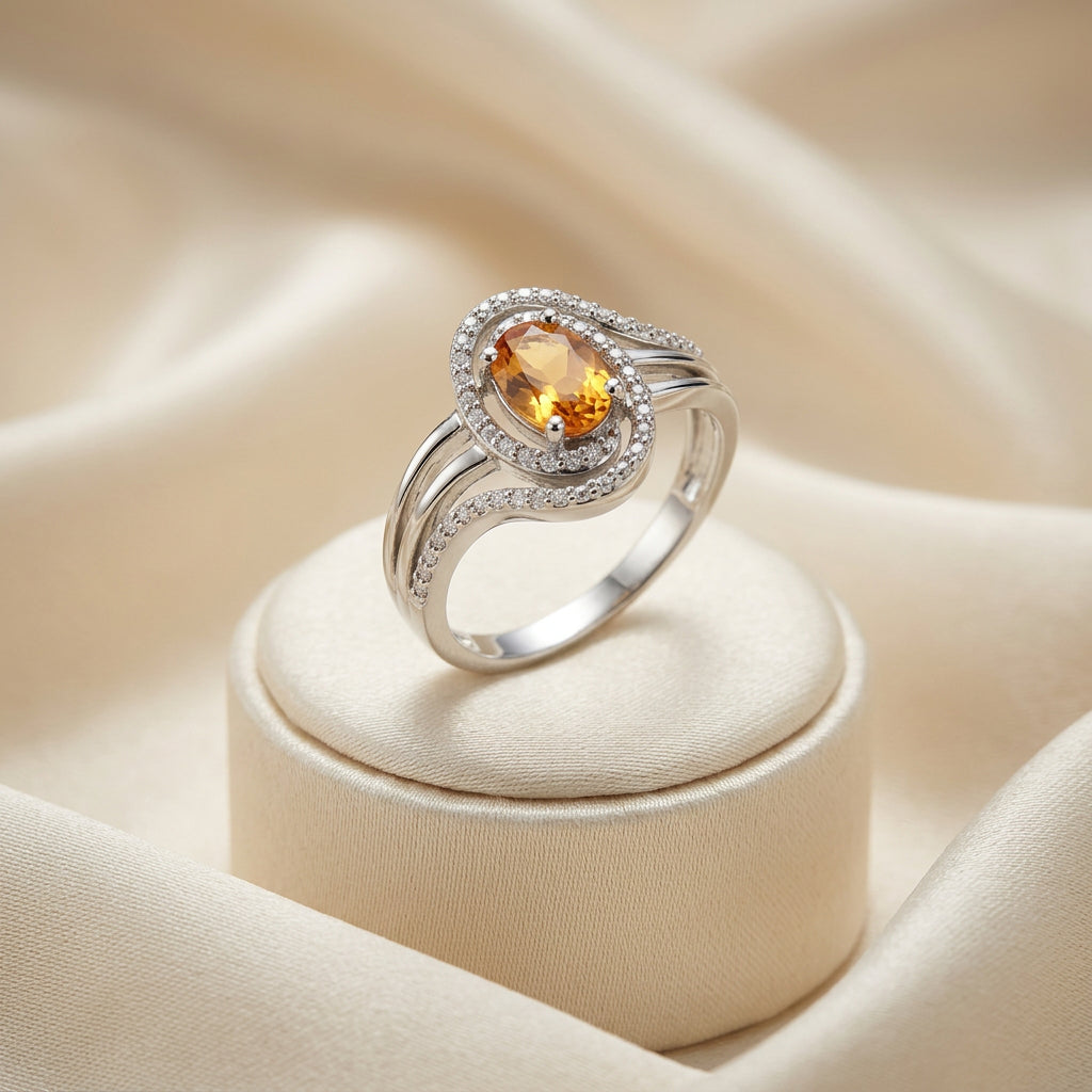 STERLING SILVER CITRINE & .03TW DIAMOND RING