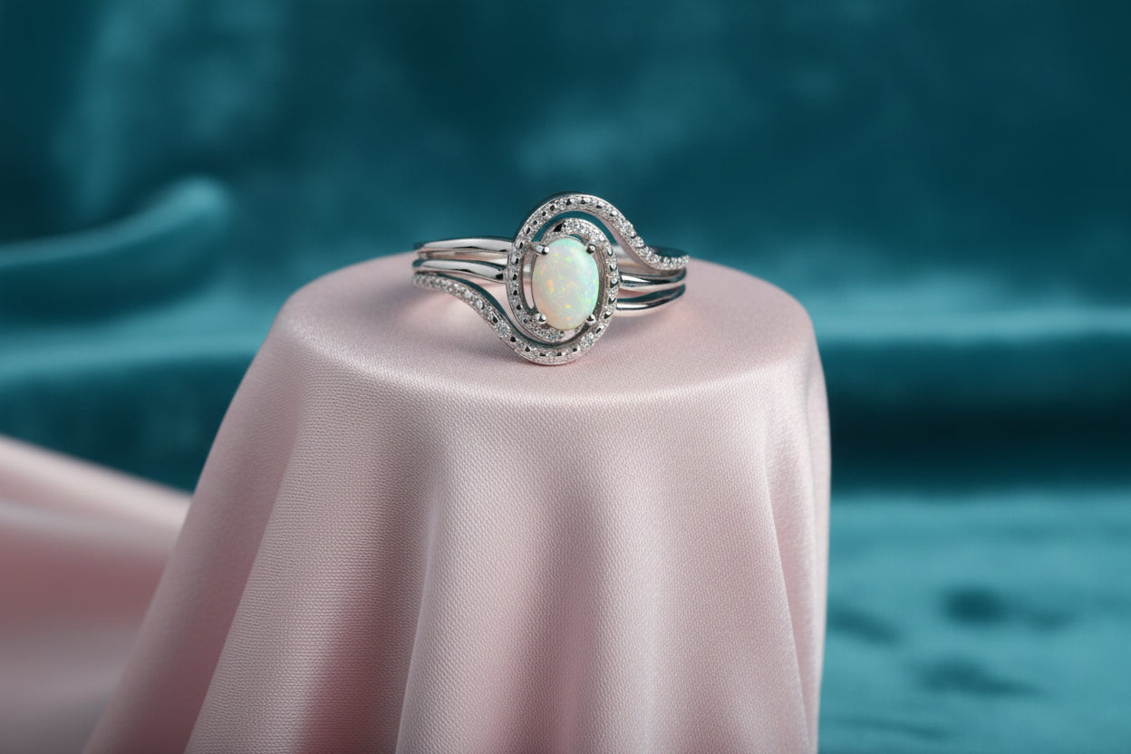 STERLING SILVER OPAL & .03TW DIAMOND RING