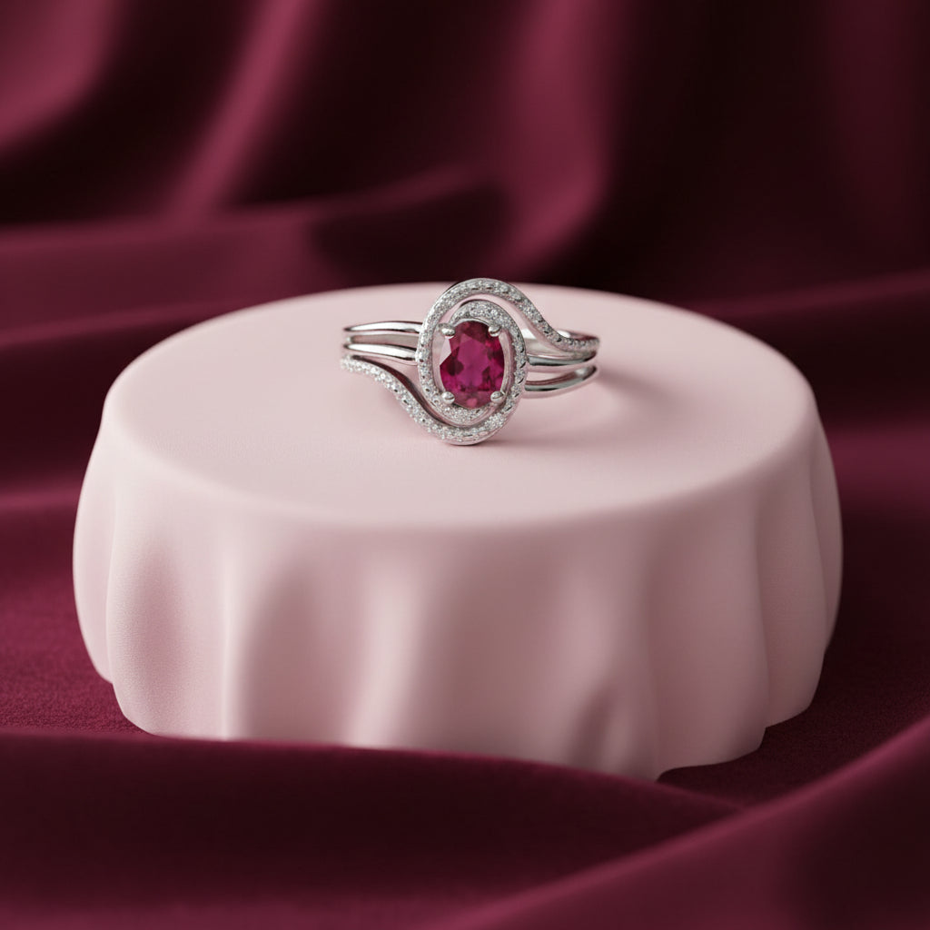STERLING SILVER RUBY & .03TW DIAMOND RING