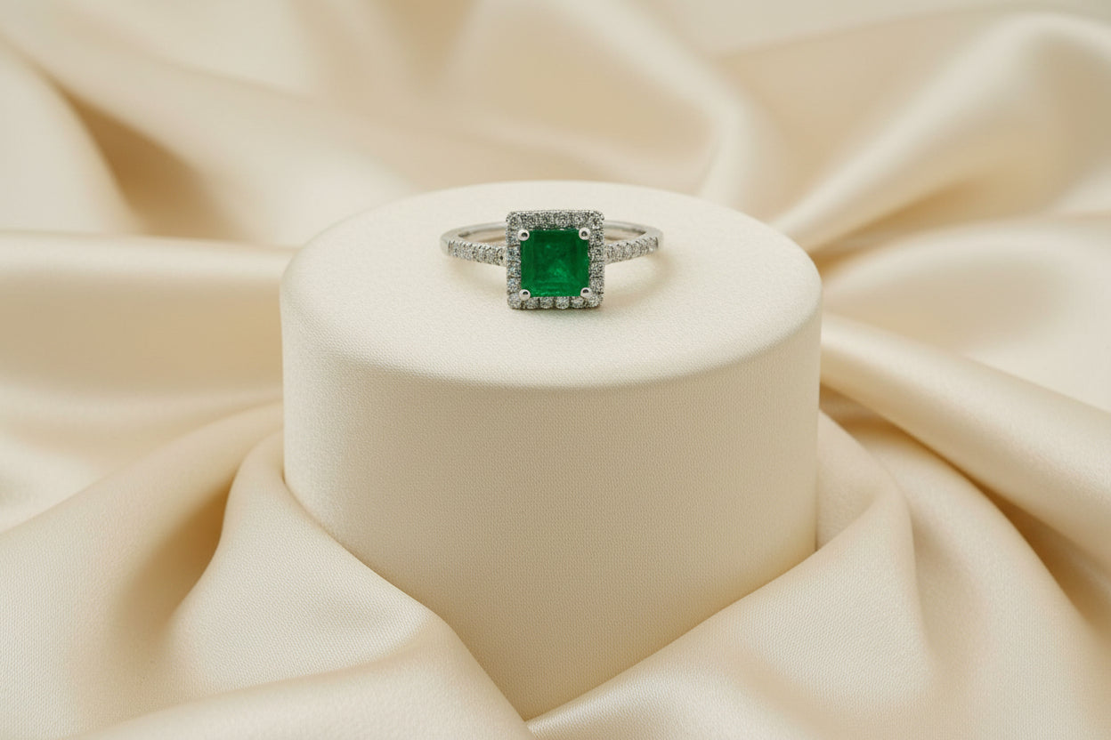 14K WG 0.82CT EMERALD WITH 0.29CTW DIAMOND RING