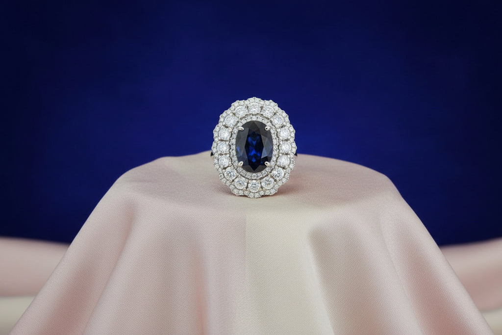 18K WG RING CONTAINING 1=4.20CT OVAL NATURAL BLUE HEATED SAPPHIRE, ACCENTED WITH 172=1.94CTW RD D...