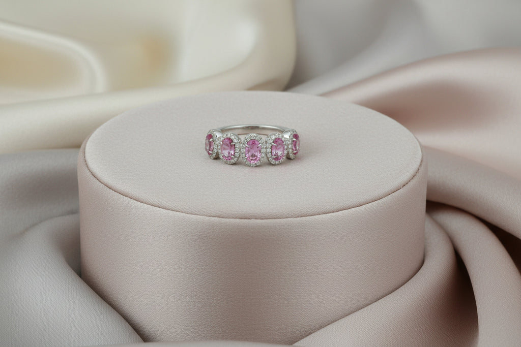 14K WG 0.27CTW DIAMOND WITH 1.34CTW OVAL PINK SAPPHIRE RING