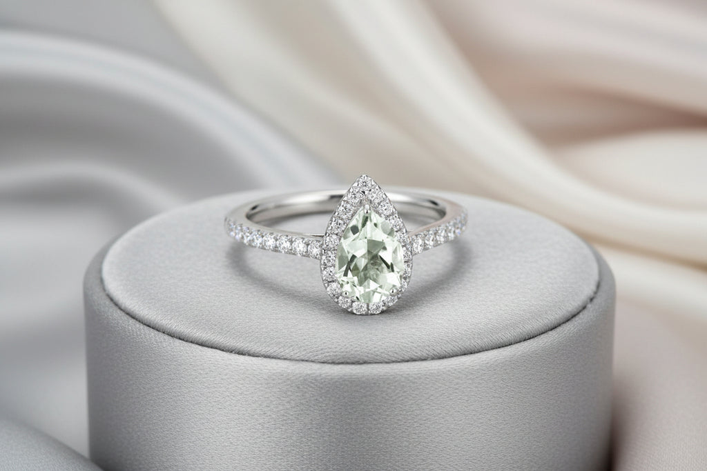 14K WG 1.00CT PEAR GREEN AMETHYST AND .46TW DIAMOND RING SIZE 6.5