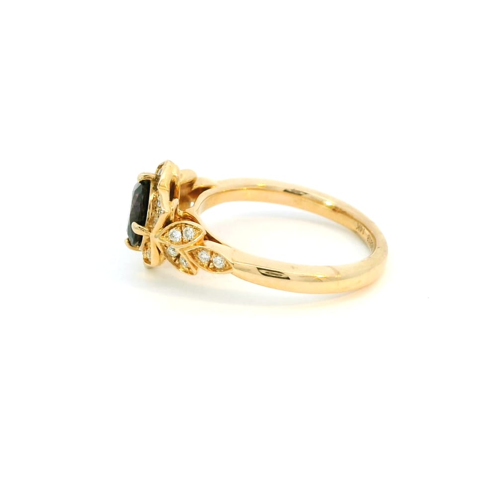 14K RG 1.17CT ROUND DARK PURPLISH RED SPINEL ACCENTED WITH .20TW SI GH DIAMOND RING WARRENTY NO. 195818