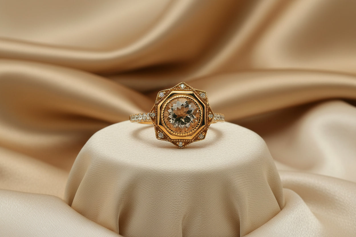 14K RG 1.25CT MORGANITE ACCENTED WITH .32TW SI GH DIAMOND RING