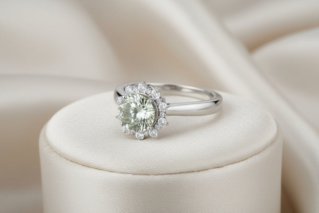 14K WG 1.50CT ROUND GREEN AMETHYST AND .37TW DIAMOND RING SIZE 6.5