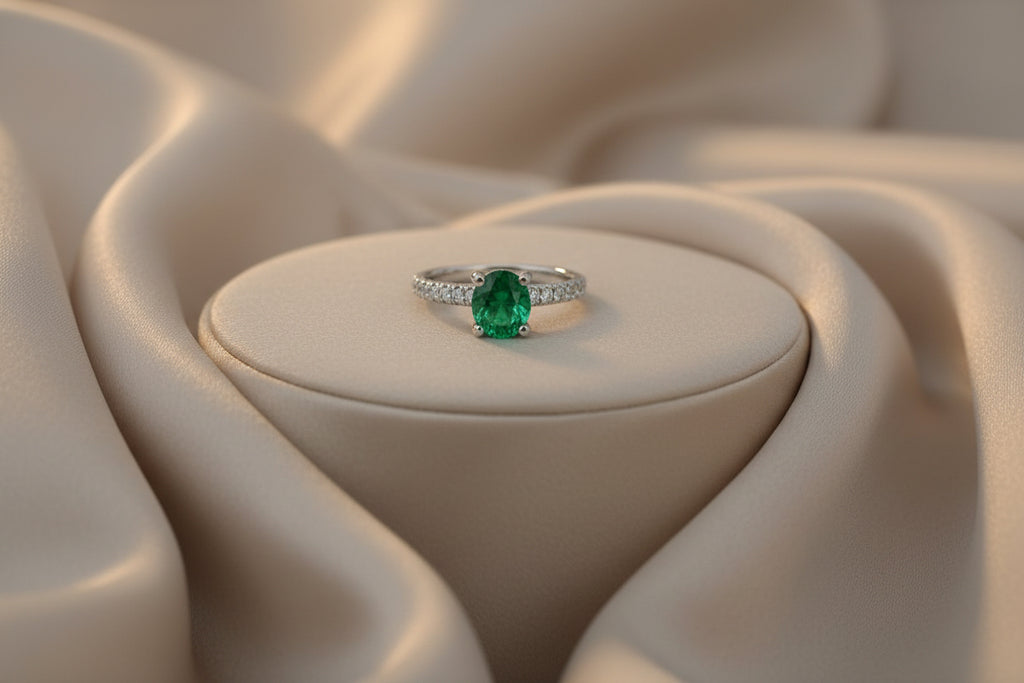 14K WG .96CT* EMERALD ACCENTED WITH .28TW SI GH DIAMOND RING