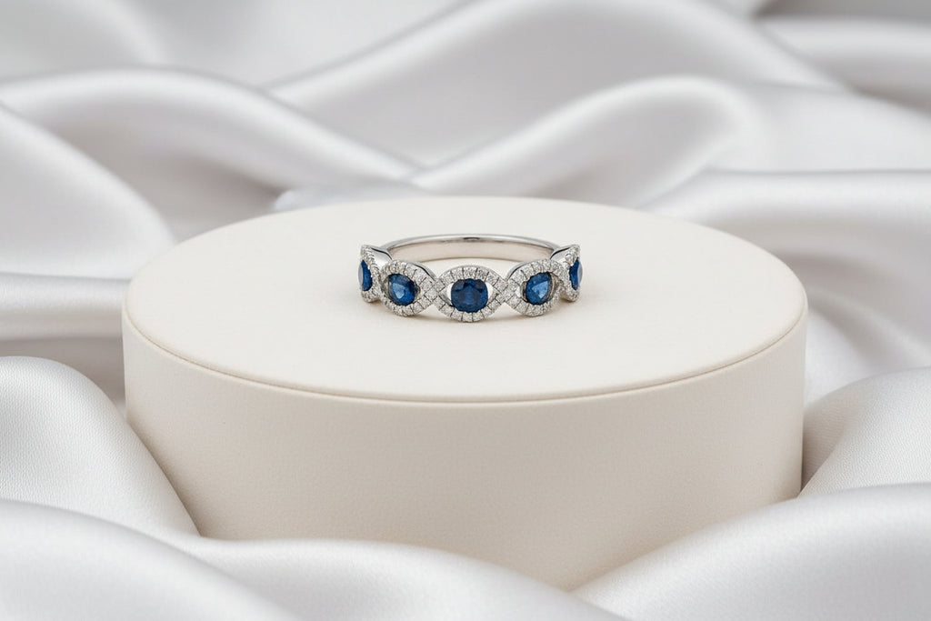 14K WG .86CT BLUE SAPPHIRES AND .26TW SI G DIAMOND BAND