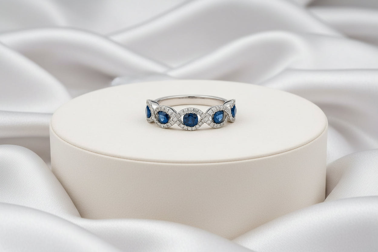 14K WG .86CT BLUE SAPPHIRES AND .26TW SI G DIAMOND BAND