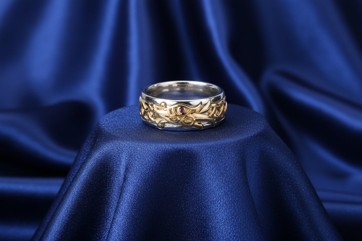 KEITH JACK MENS 10K TWO TONED DRAGON RING WITH EMERALD SET IN EYE